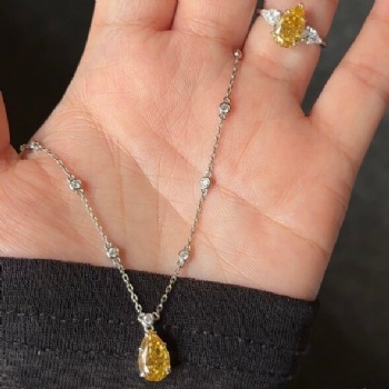 Luxury Socialite Style Pt950 Platinum Lab‑Grown Fancy Yellow Diamond Teardrop Pendant Necklace Ring Jewelry Set Gift